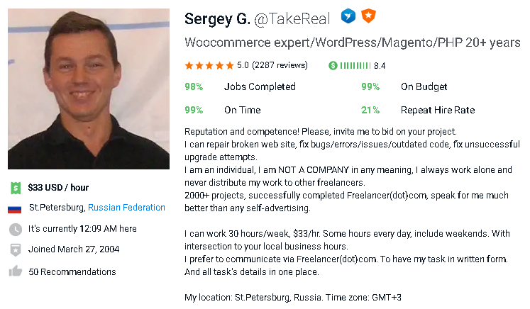 My profile at Freelancer.com as it was on March 31, 2022